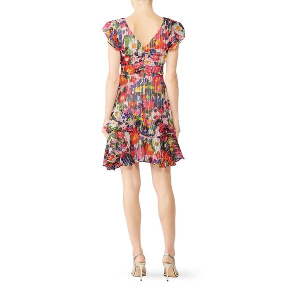 SALONI Pink Printed Silk Flutter Sleeves V-Neckline Ruffled Skirt Catia Dress 4 - Picture 2 of 15